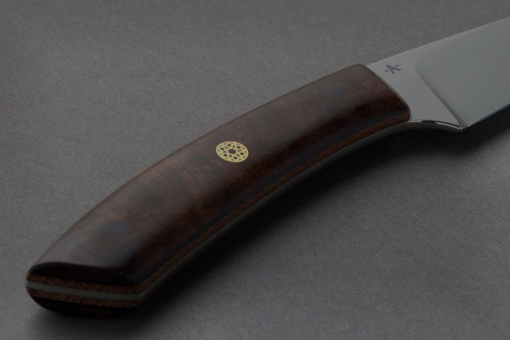 80 mm Stainless Steel Drop Point - Desert Ironwood, handle close-up