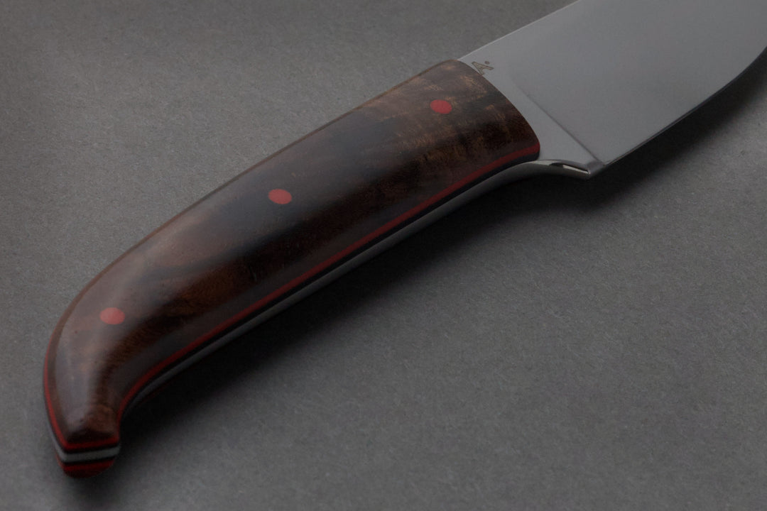 80 mm Stainless Steel Drop Point - Black Walnut, handle close-up