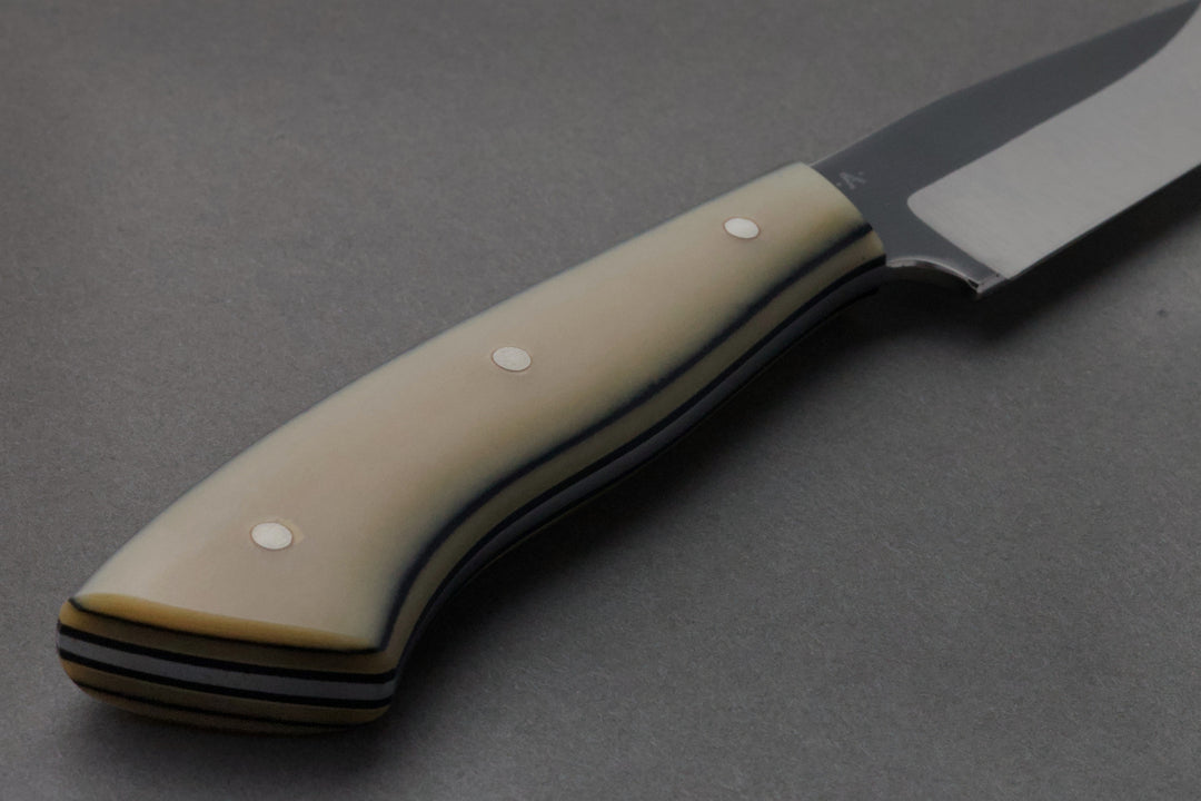 85 mm Carbon Steel Utility - Micarta, handle close-up