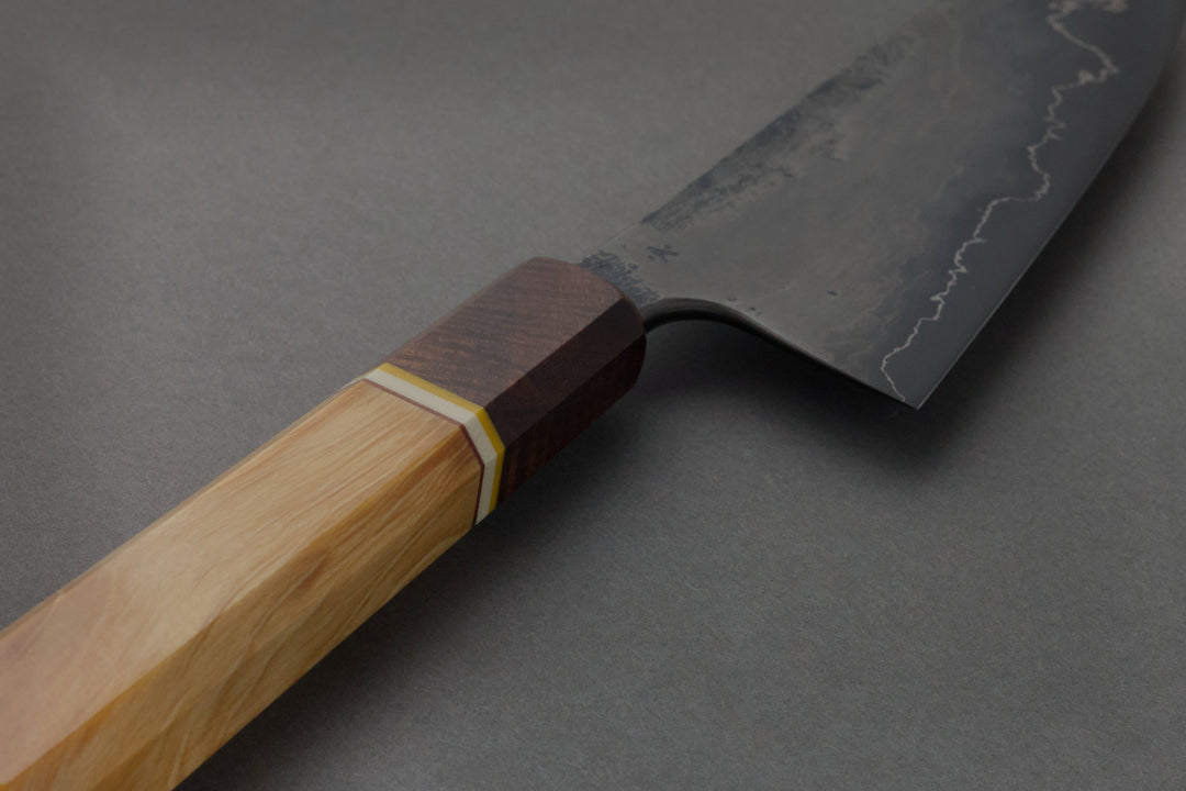 185 mm Carbon Steel Santoku - Huon Pine, handle close-up