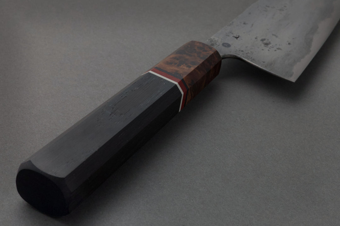 180 mm San Mai Santoku - African Blackwood, handle close-up