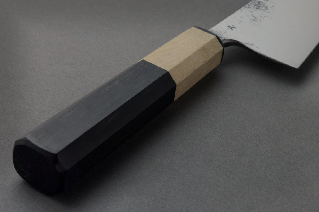185 mm Carbon Steel Gyuto - Ebony, handle close-up