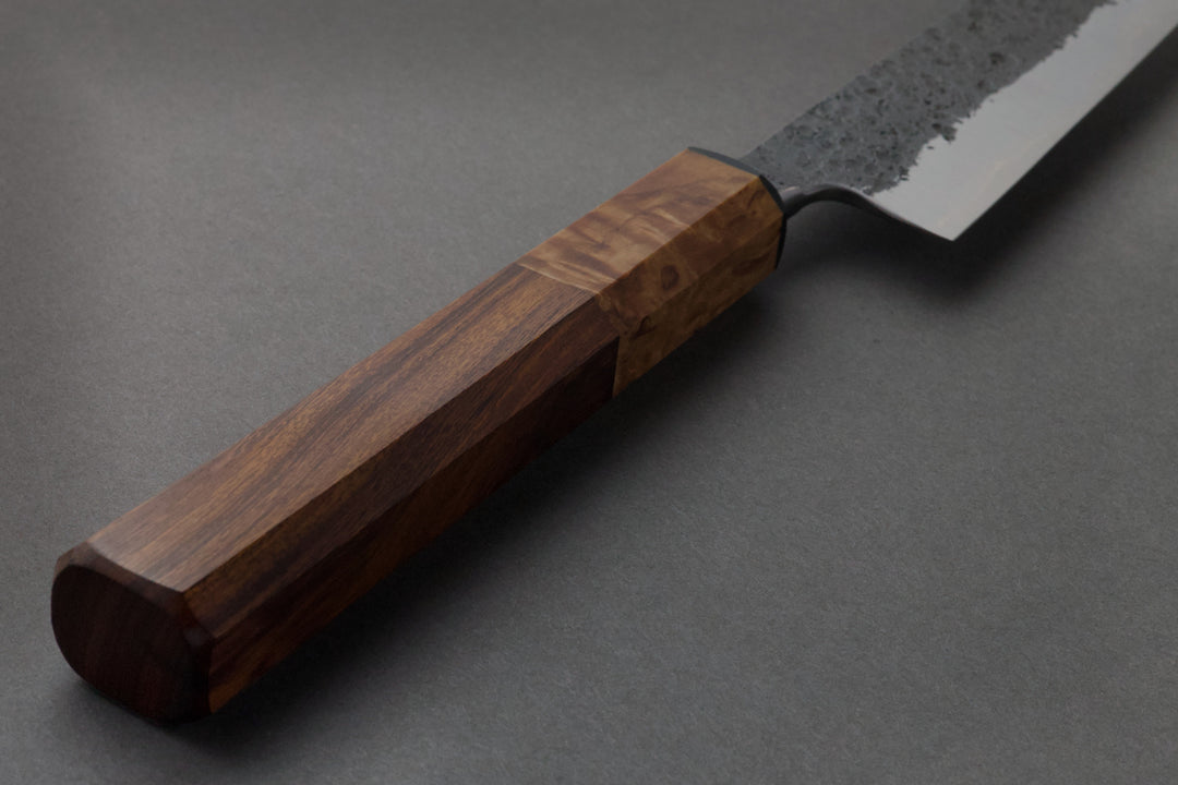 220 mm Carbon Steel Slicer - Desert Ironwood, handle close-up