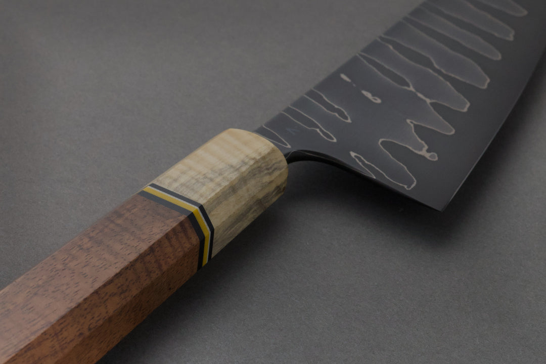 175 mm Carbon Steel Santoku - Koa, handle close-up