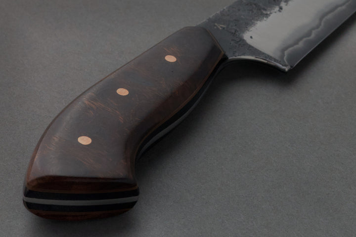 110 mm Carbon Steel Clip Point - Desert Ironwood, handle close-up