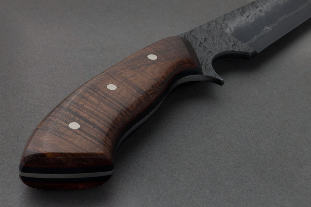 95 mm Damascus Wharncliffe - Koa, handle close-up