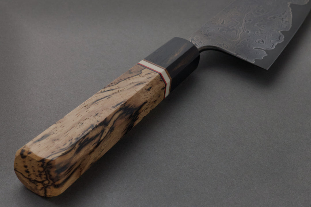 190 mm Carbon Steel Santoku - Spalted Pecan, handle close-up