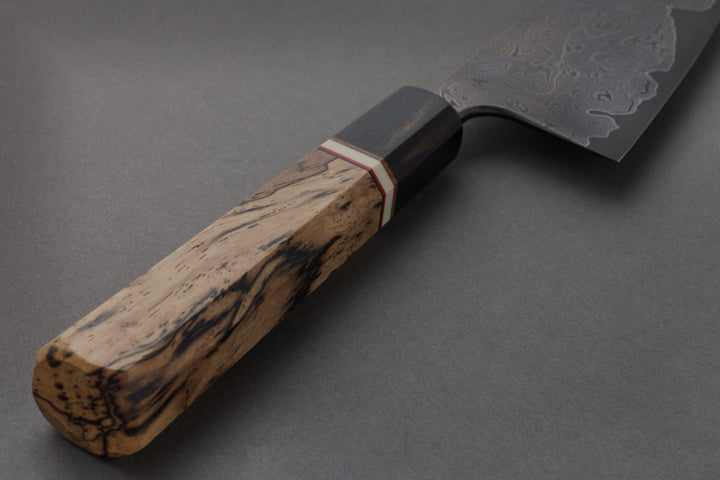 190 mm Carbon Steel Santoku - Spalted Pecan, handle close-up
