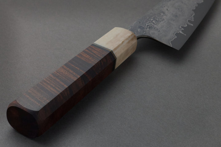 170 mm Damascus Funayuki - Koa, handle close-up
