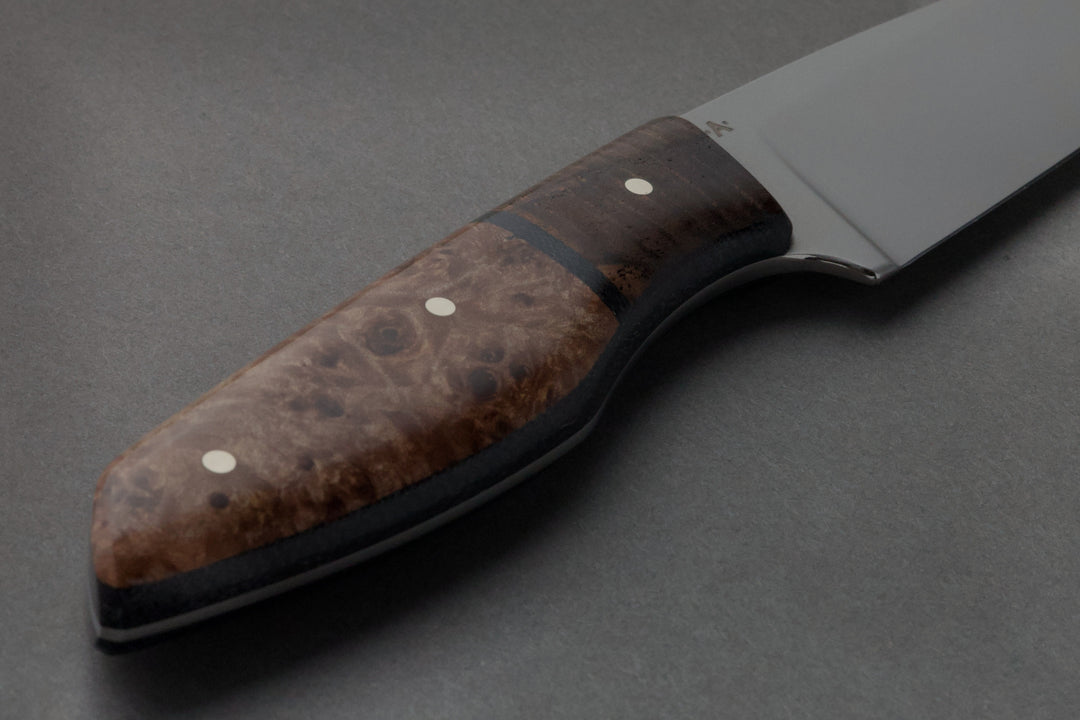 125 mm Stainless Steel Clip Point - Maple Burl, handle close-up