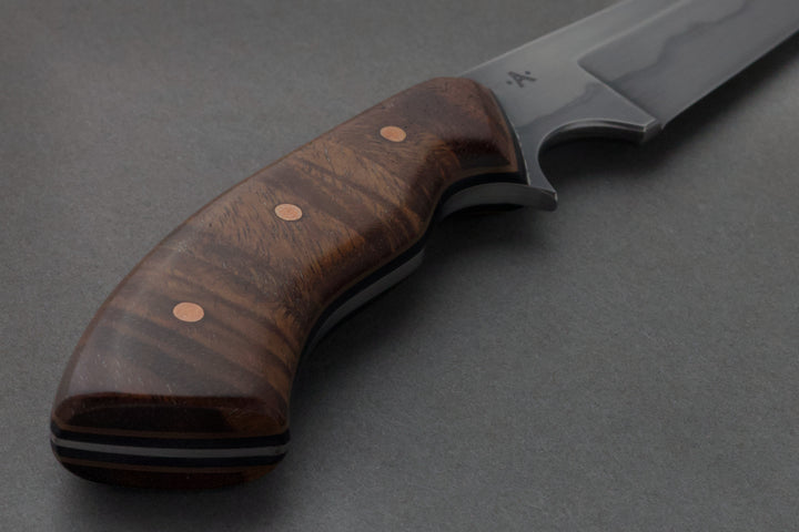 95 mm Carbon Steel Wharncliffe - Koa, handle close-up