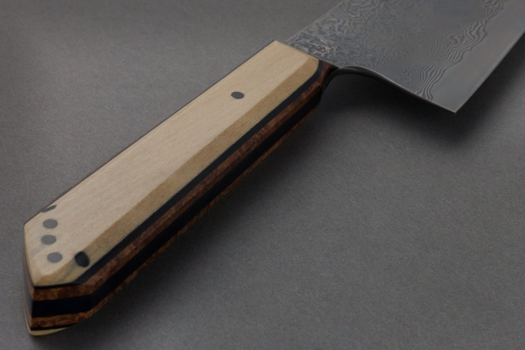 180 mm Damascus Gyuto - Amboyna, handle close-up