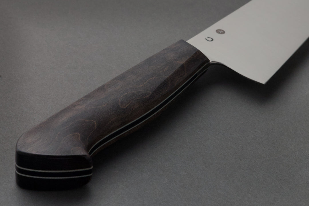 210 mm Stainless Steel Kiritsuke - Dyed Maple, handle close-up