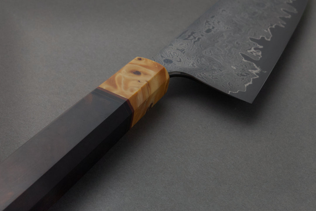 215 mm Damascus Gyuto - Desert Ironwood, handle close-up