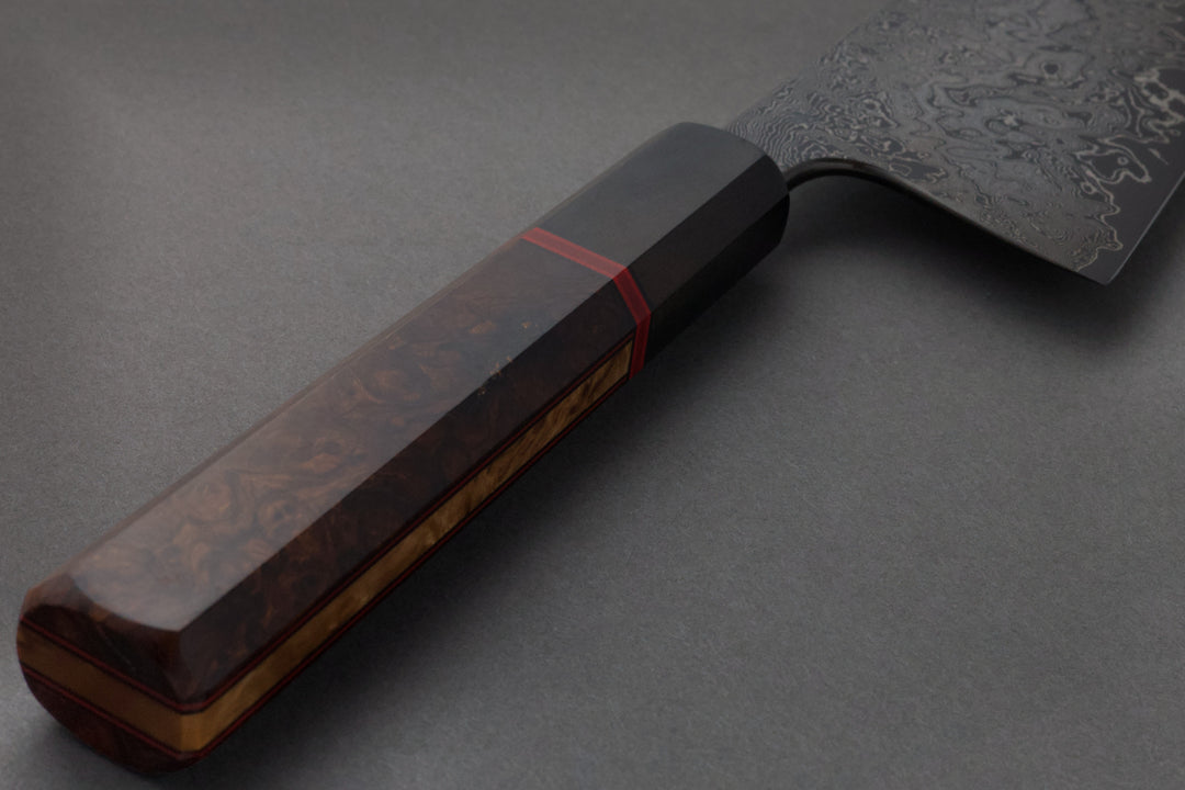 185 mm Carbon Steel Bunka - Desert Ironwood, handle close-up